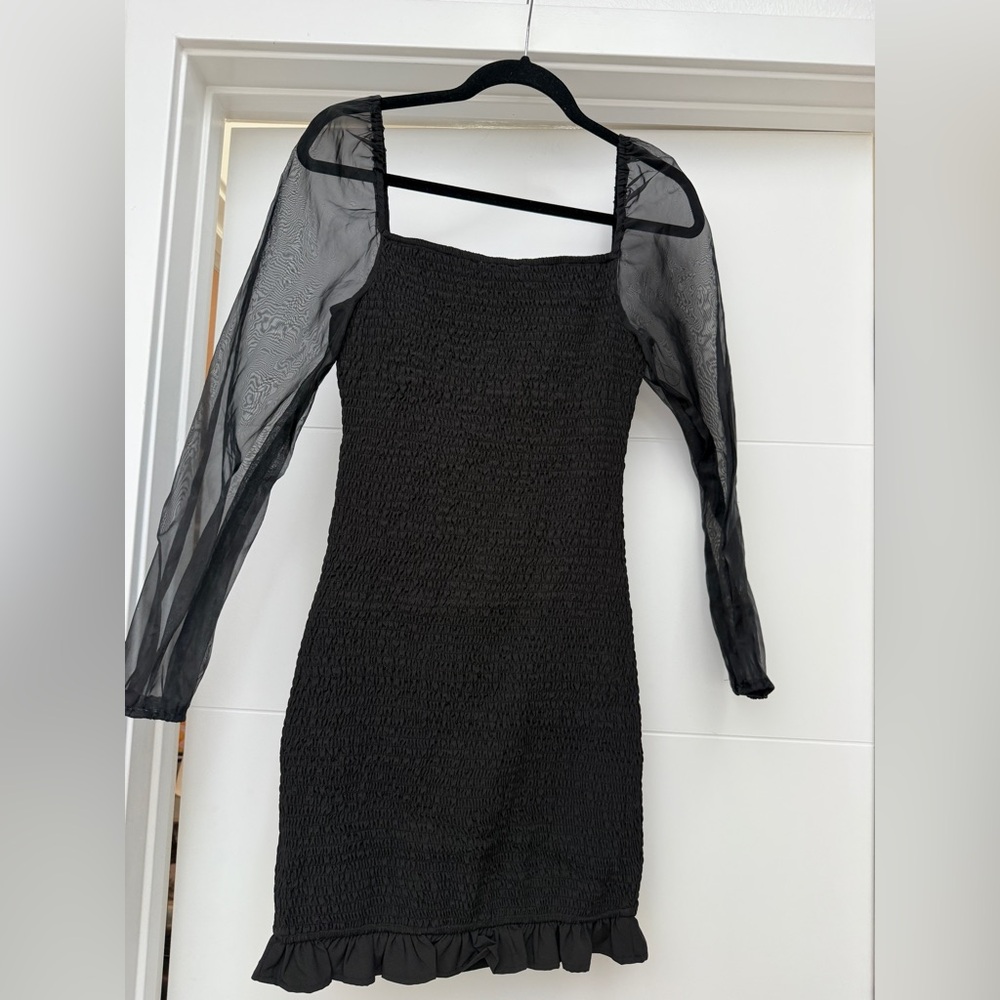Starlow Black Sheer Sleeve Ruched Mini Dress Square Neck Ruffle Hem | Size S - Picture 7 of 9